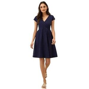 PACT Women’s Short Sleeve Faux Wrap Dress size S Navy Blue Fit & Flare EUC